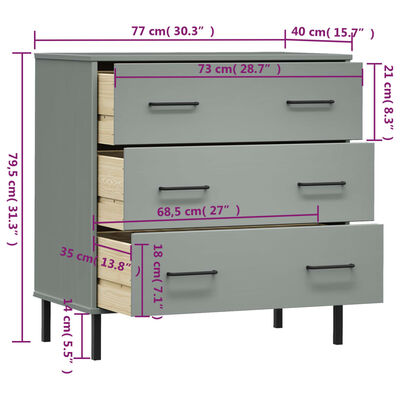 vidaXL Sideboard with 3 Drawers Gray 30.3"x15.7"x31.3" Solid Wood OSLO