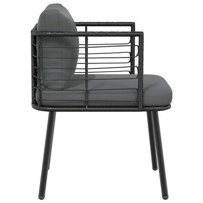 Side view of an outdoor chair showing woven frame and cushions.
