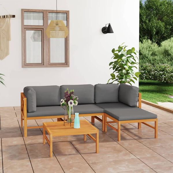 vidaXL Garden Lounge Set Grey cushions Teak wood, Polyester Medium