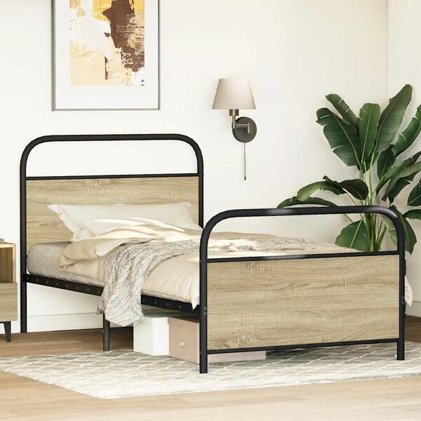 vidaXL Bed Frame Smoked Oak Steel and Engineered Wood Twin Bed Frame