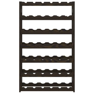 Dark wooden wine rack with several tiers of bottle slots, empty