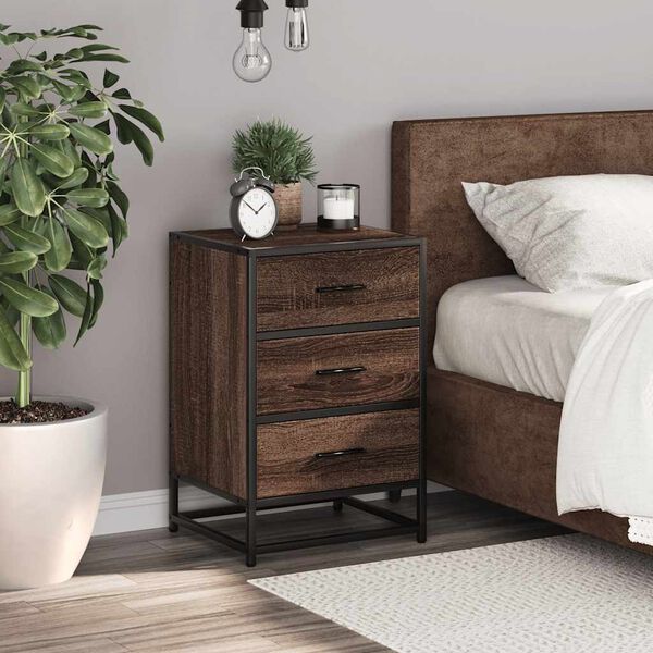 vidaXL Bedside Cabinet Brown Oak Engineered Wood and Metal Medium