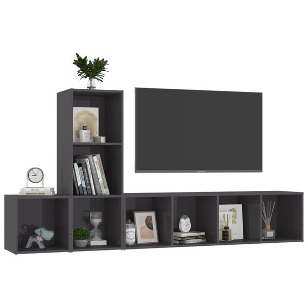 vidaXL 3 Piece TV Stand Set High Gloss Gray Engineered Wood