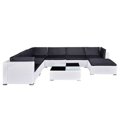 Outdoor white wicker sectional sofa set with black cushions and a square glass-top coffee table