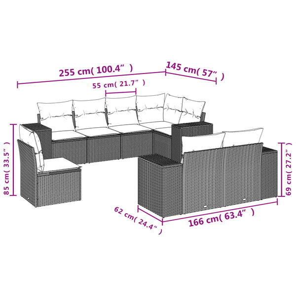 vidaXL 8 Piece Patio Sofa Set with Cushions Gray Poly Rattan