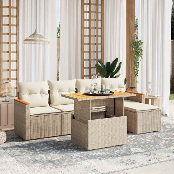vidaXL Garden Sofa Set Beige PE rattan 6 Seater Sofa Set Adjustable Feet