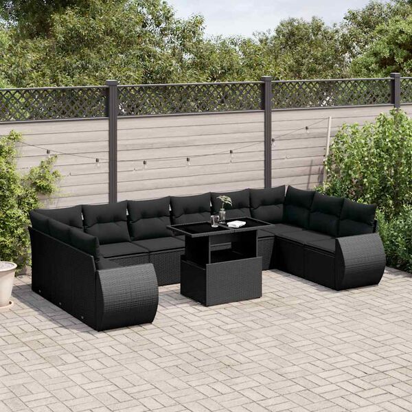 vidaXL Garden Sofa Set Black PE rattan, powder-coated steel, tempered glass