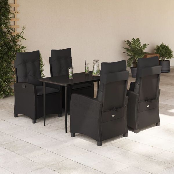 vidaXL 5 Piece Patio Dining Set with Cushions Black Poly Rattan