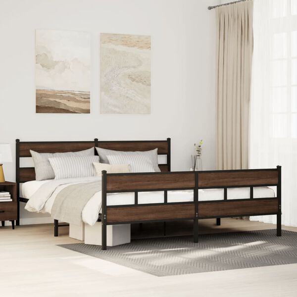 vidaXL Bed Frame Brown Oak Steel, Engineered Wood Super King Bed Frame