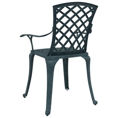Three-quarter view of lattice-back patio chair, showing back lattice pattern and arm.