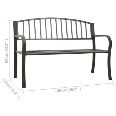 Full dimensions and metal garden bench: overall length 125 cm, height 82 cm, seat 53 cm