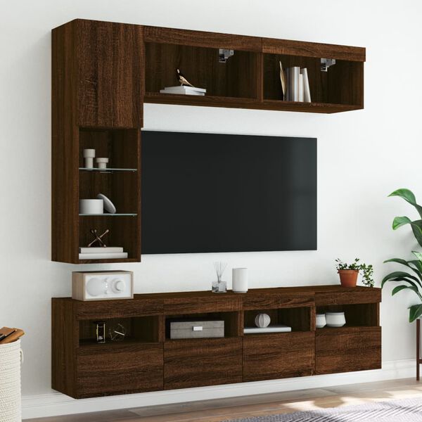vidaXL 7 Piece TV Wall Stand Set with LED Lights Brown Oak
