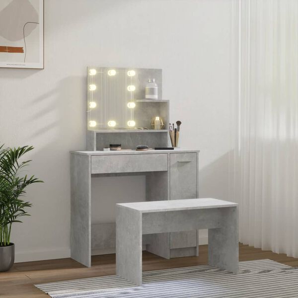 vidaXL Dressing Table Set With LED Concrete grey Engineered wood Medium