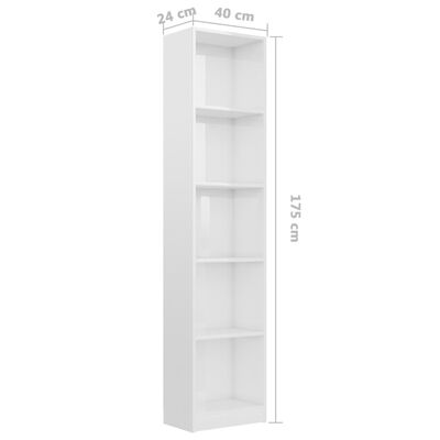vidaXL 5-Tier Book Cabinet High Gloss White 15.7"x9.4"x68.9" Engineered Wood