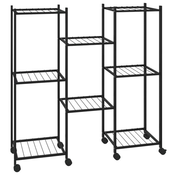 vidaXL Flower Stand Black Powder-Coated Iron Tall Rollable