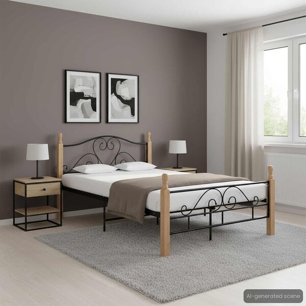vidaXL Bed Frame Black and Natural Oak Powder-coated metal, Oak wood Full