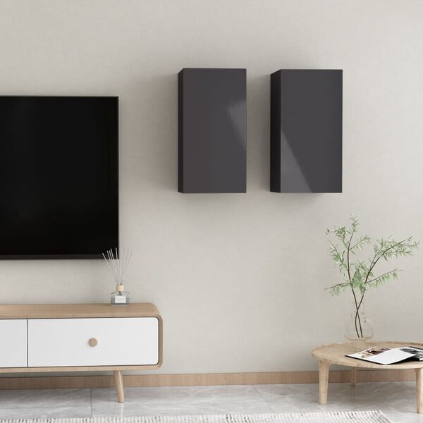 vidaXL TV Cabinet Set of 2 High gloss grey Engineered wood Wall mounting