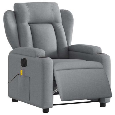 Grey recliner chair viewed from a slightly front-left angle, with integrated side pocket.