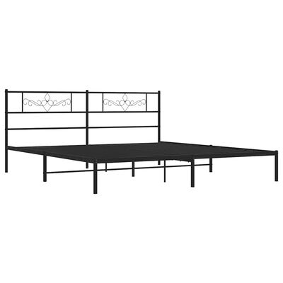 Metal bed frame with headboard and extended platform, black finish.