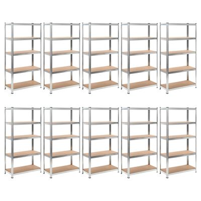 vidaXL 5-Layer Heavy-duty Shelves 10 pcs Silver Steel&Engineered Wood
