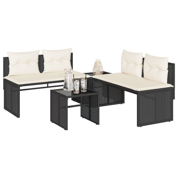 vidaXL 4 Piece Patio Sofa Set with Cushions Black Poly Rattan