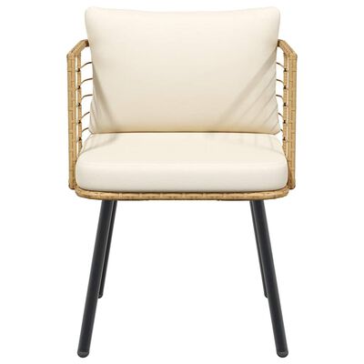 Front view of a single cream cushioned rattan chair showing armrests and black legs.