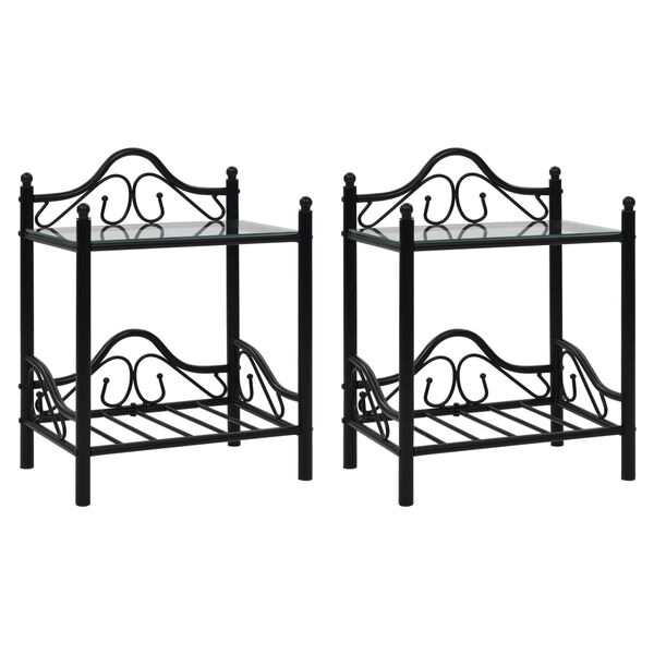 vidaXL Bedside Table Set of 2 Black Steel and tempered glass