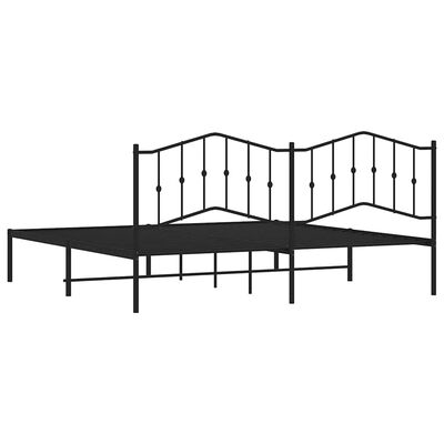 Bed frame with extended footboard and dual headboard sections, black metal.