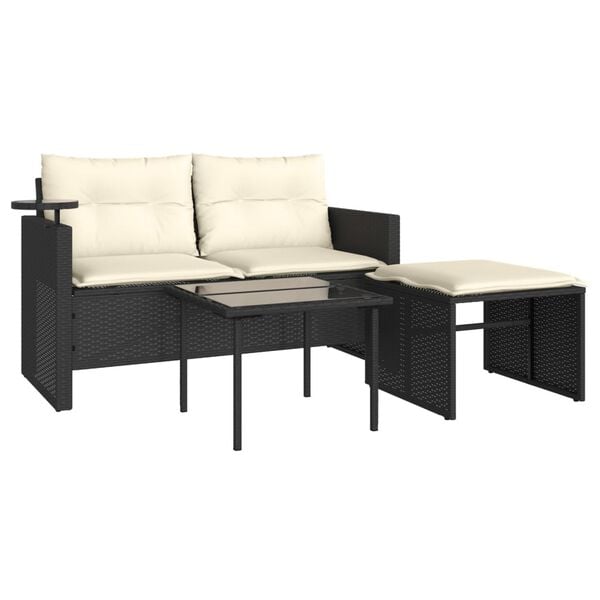 vidaXL Garden Sofa Set Black PE Rattan 2-Seater Adjustable Feet