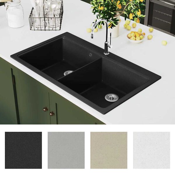 vidaXL Overmount Kitchen Sink Double Basin Granite Black