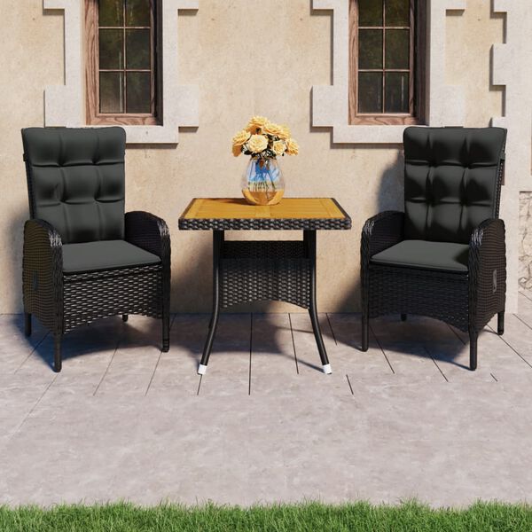 vidaXL Garden Dining Set Black Poly rattan, steel, acacia wood, polyester