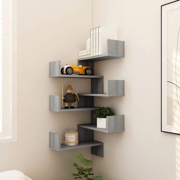 vidaXL Wall Corner Shelf Set of 2 Grey sonoma Engineered wood Medium