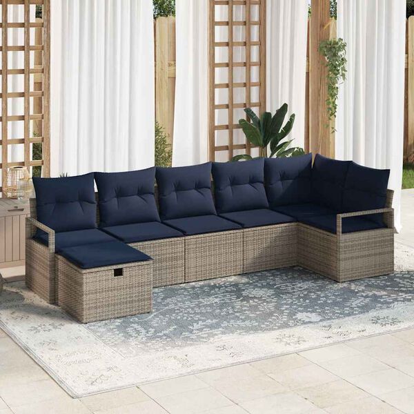 vidaXL Sofa Set with Cushion Manual 7 pcs Grey and Navy Poly Rattan