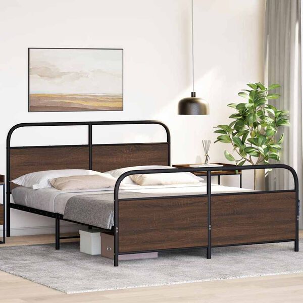 vidaXL Bed Frame Brown oak Steel and engineered wood 63x79 in Bed Frame