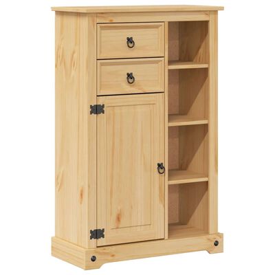 Wooden cabinet with three drawers on top, open shelf area on the right, single door with handle