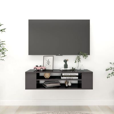 vidaXL Hanging TV Cabinet High Gloss Gray 39.4"x11.8"x10.4" Engineered Wood