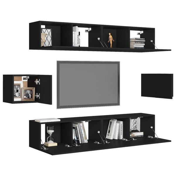 vidaXL TV Cabinet Set Set of 6 Black Engineered Wood Medium