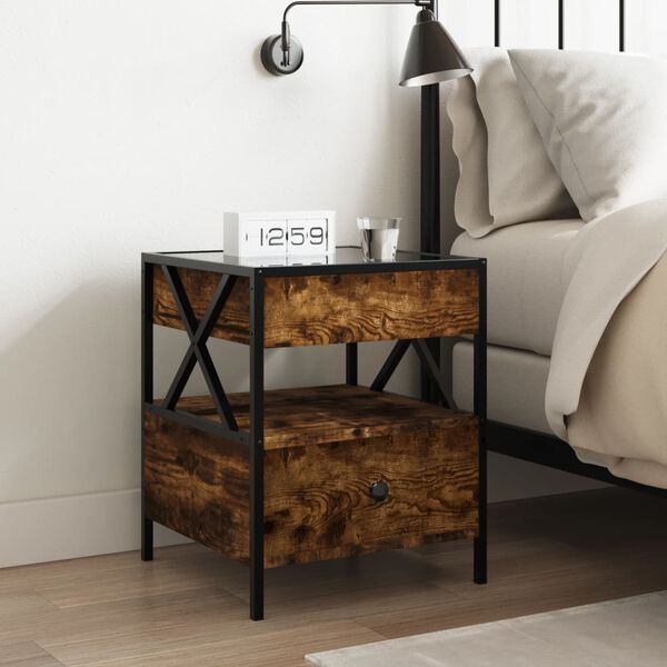vidaXL Bedside Table Smoked Oak Engineered wood, Glass, Steel Medium