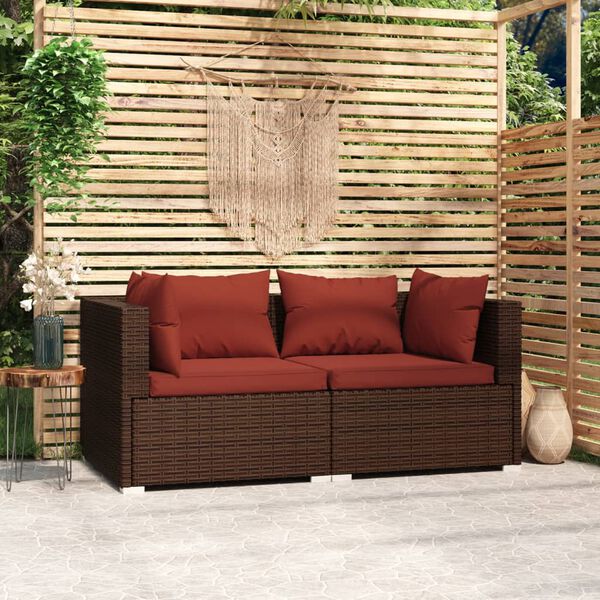 vidaXL 2-seater Sofa Brown Poly Rattan with Cinnamon Red Cushions