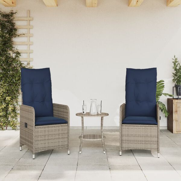 vidaXL Reclining Patio Chairs 2 pcs with Table Gray Poly Rattan