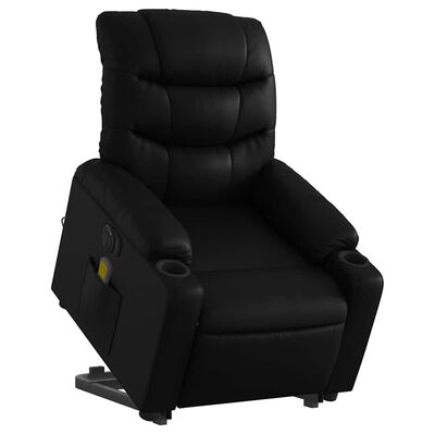 Close-up of black recliner chair from front-left angle, showing upholstery and armrests.
