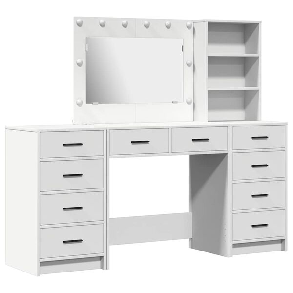vidaXL Dressing Table with Mirror Lights 3 pcs White Engineered Wood