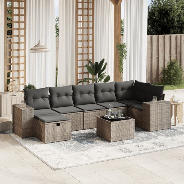 vidaXL Garden Sofa Set Grey Poly Rattan, Tempered Glass, Powder-Coated Steel