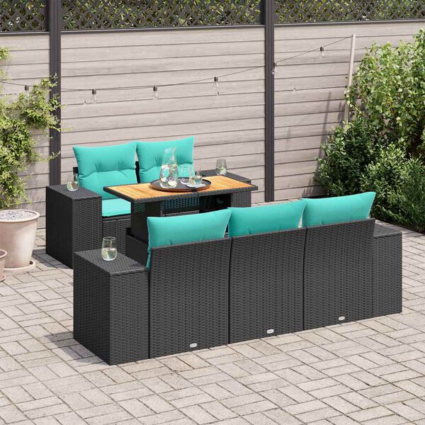 vidaXL 6 Piece Patio Sofa Set with Cushions Black Poly Rattan
