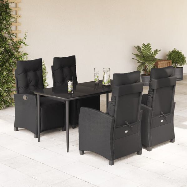 vidaXL 5 Piece Patio Dining Set with Cushions Black Poly Rattan