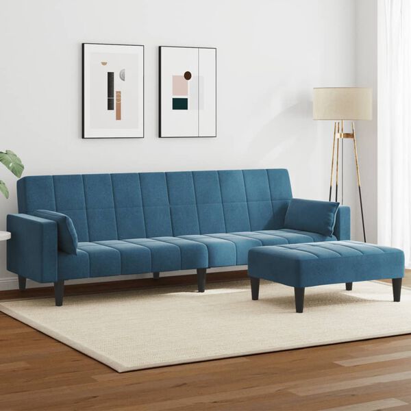 vidaXL 2-Seater Sofa Bed with Footstool Blue Velvet