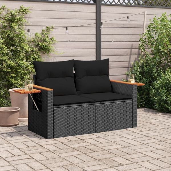 vidaXL Garden Sofa Black PE rattan, powder-coated steel, solid acacia wood