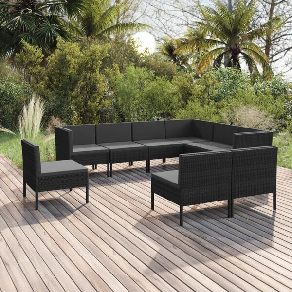 vidaXL Garden Lounge Set Black PE rattan, powder-coated steel, polyester