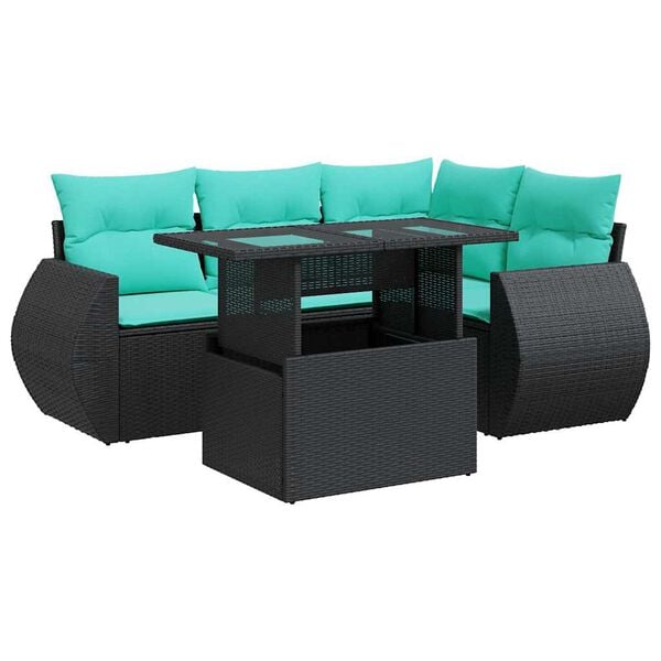 vidaXL 5 Piece Patio Sofa Set with Cushions Black Poly Rattan Acacia