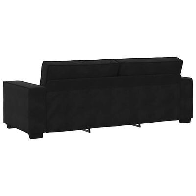 Back view of a black sofa showing the back edge and lower feet with a long rear panel.